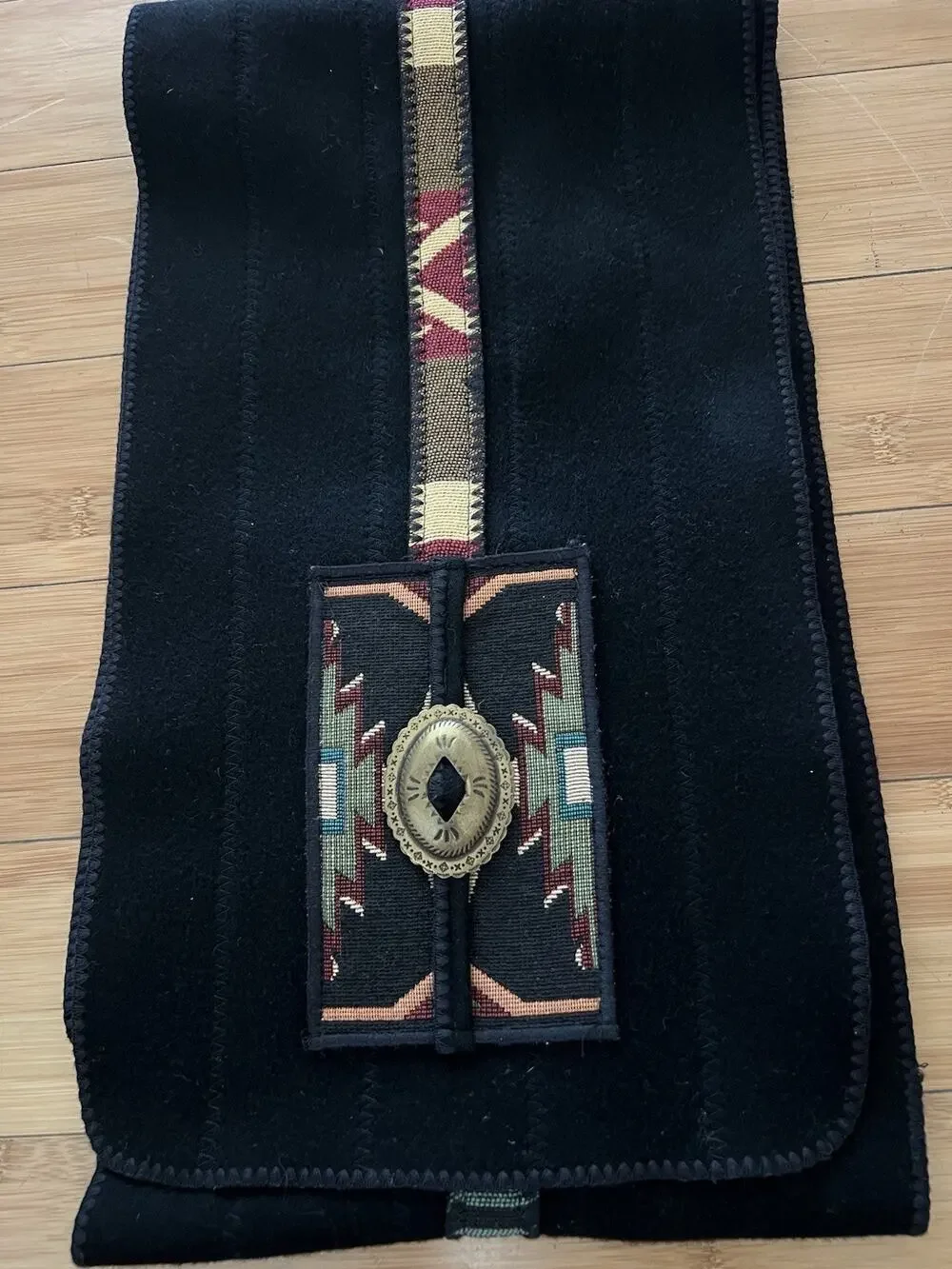 Vintage Coloratura Concho Black Scarf Wrap 100% Pure Wool Made In USA 71x10”
